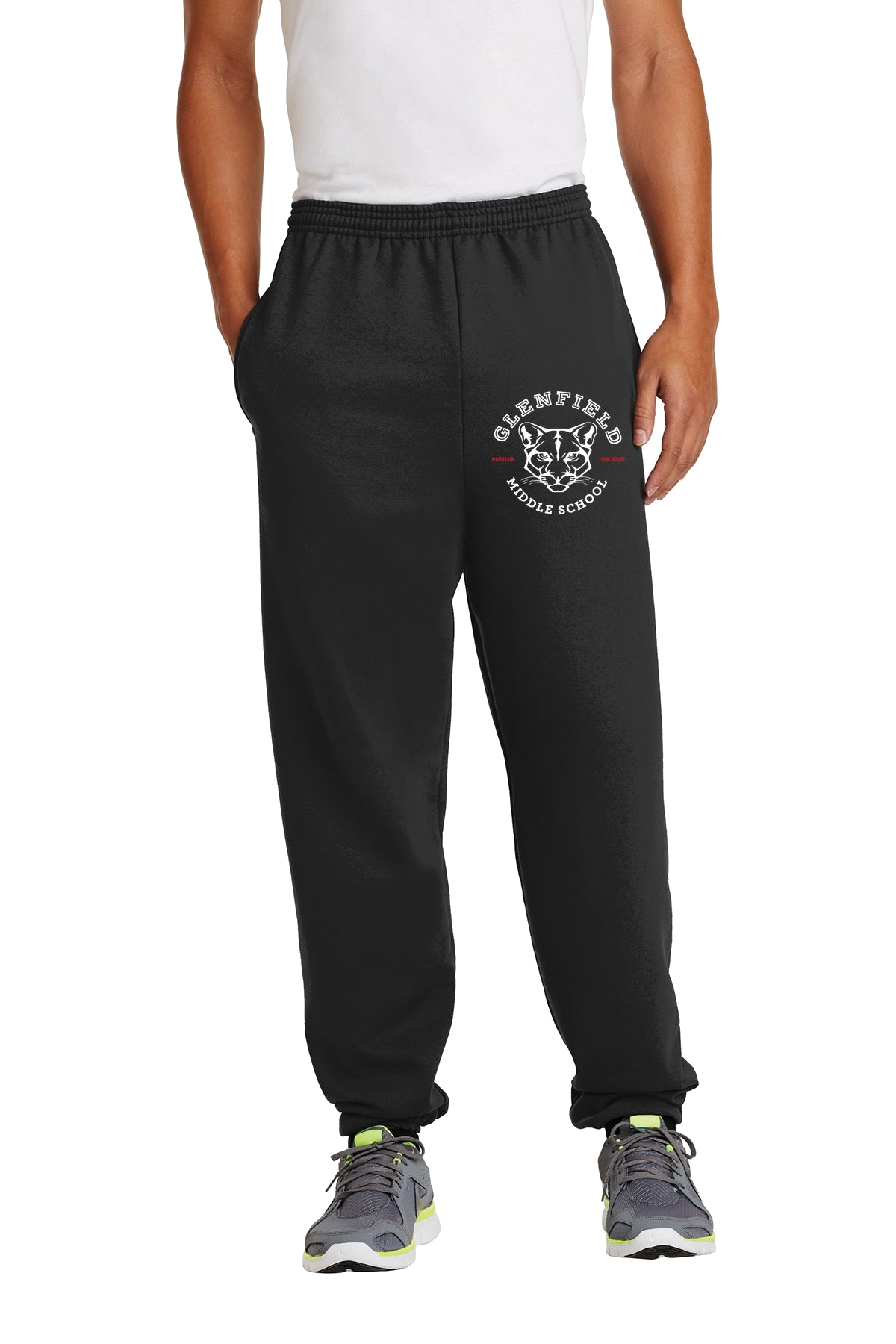 Glenfield Middle School cougar crest on black sweatpants