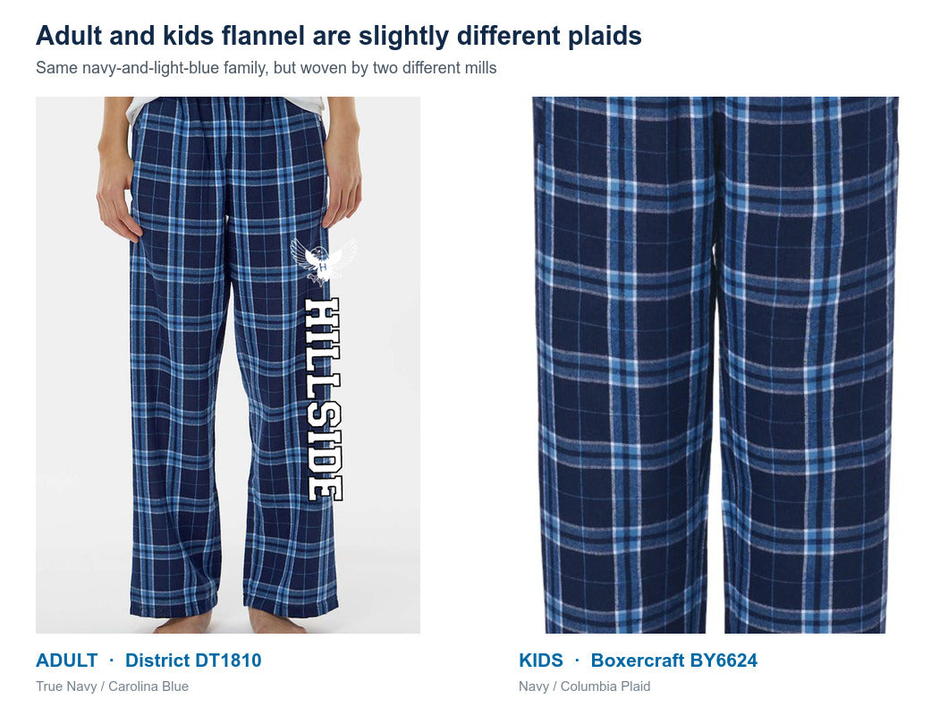 Side-by-side comparison of the adult and kids Hillside flannel plaids