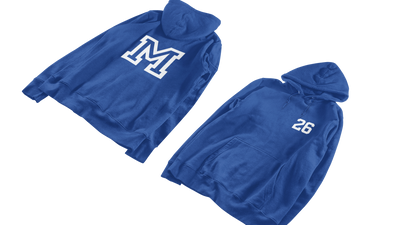 Two blue hoodies with a letter 'M' and number '26' on a white background