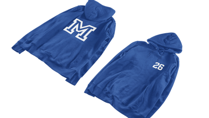 Two blue hoodies with a letter 'M' and number '26' on a white background