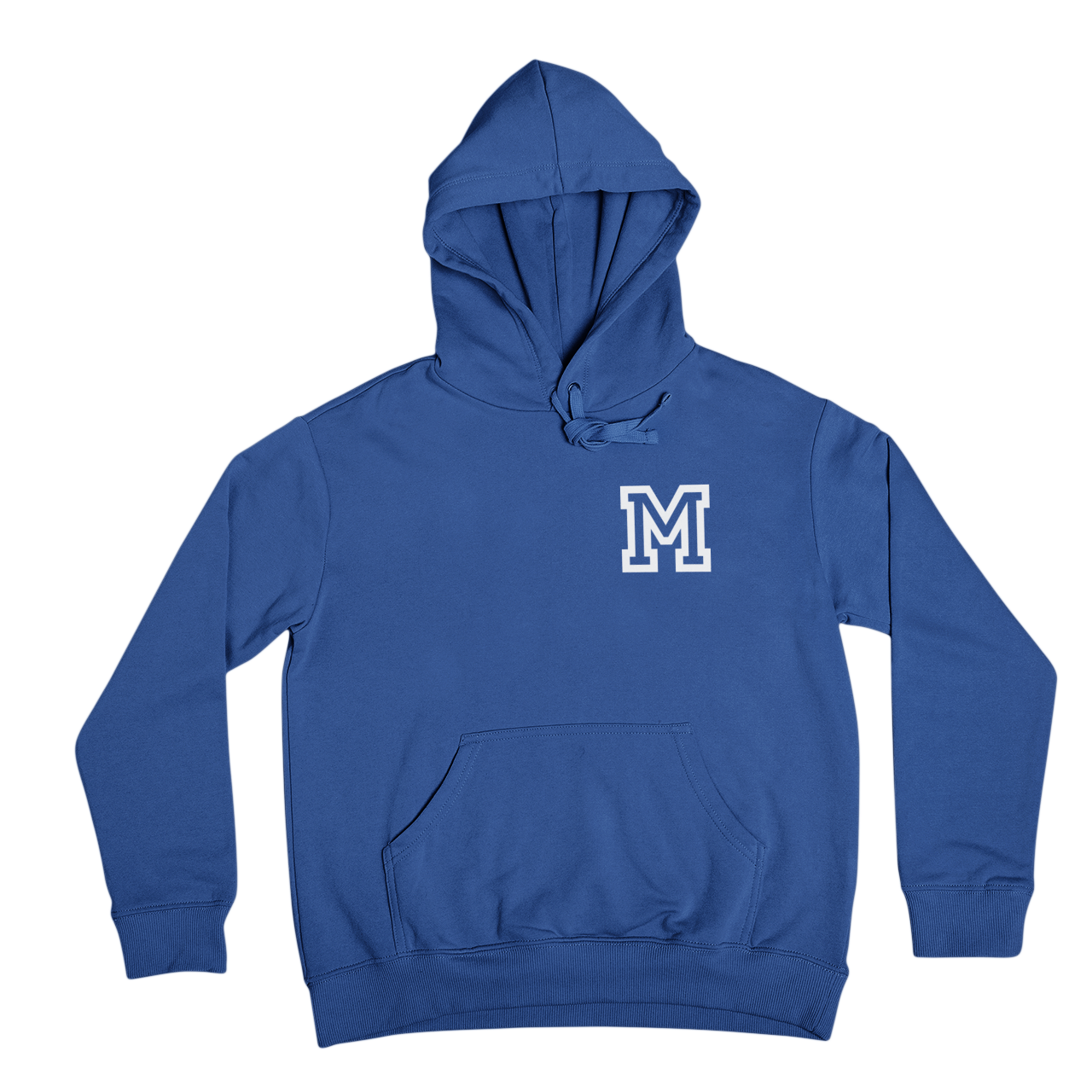 Blue hoodie with a white 'M' logo on a white background