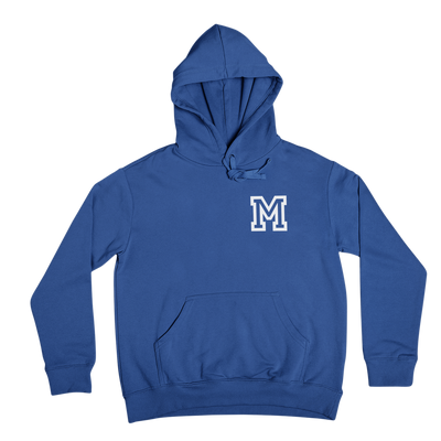 Blue hoodie with a white 'M' logo on a white background