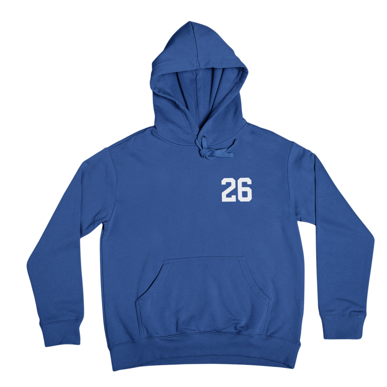 Blue hoodie with the number 26 on a white background
