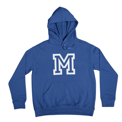 Blue hoodie with a white 'M' on a white background