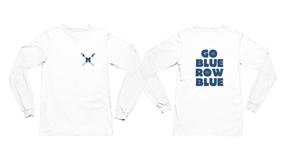 White long-sleeve shirt with blue text and logo on a white background