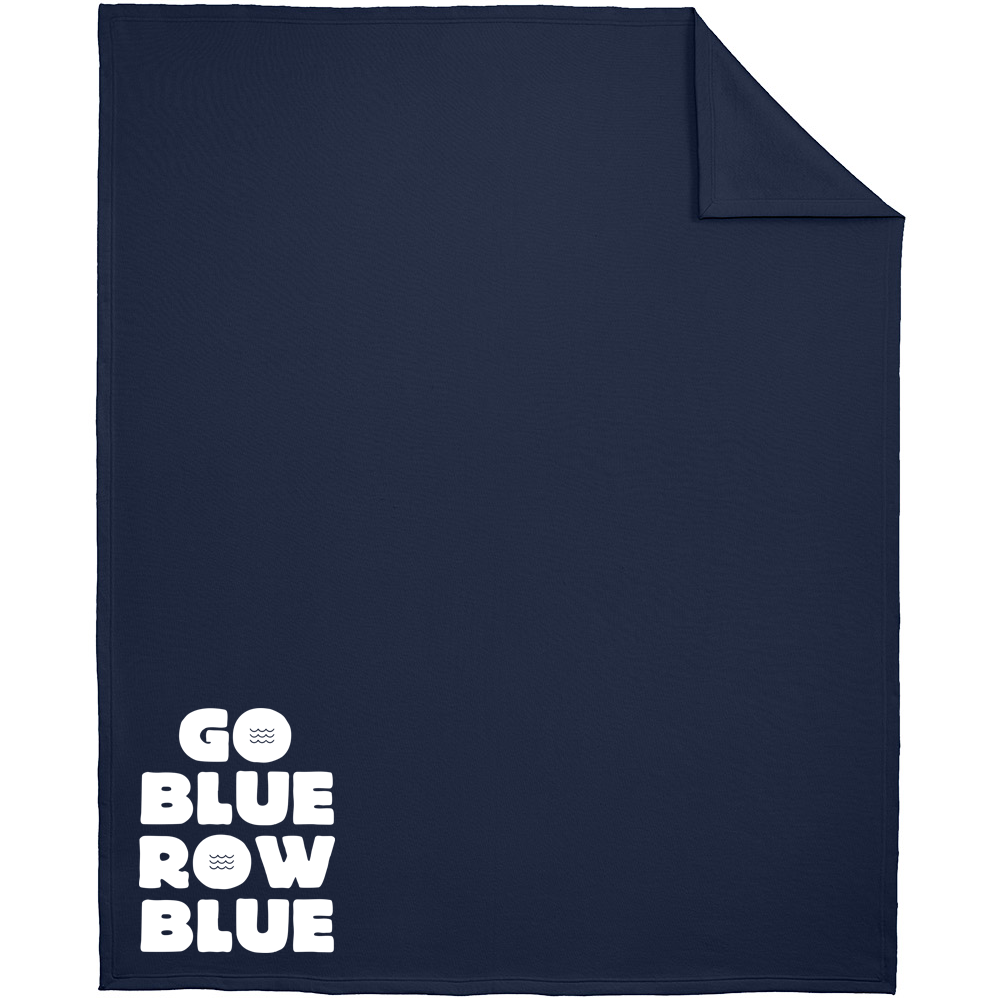 Navy blue blanket with 'GO BLUE ROW BLUE' text on a white background