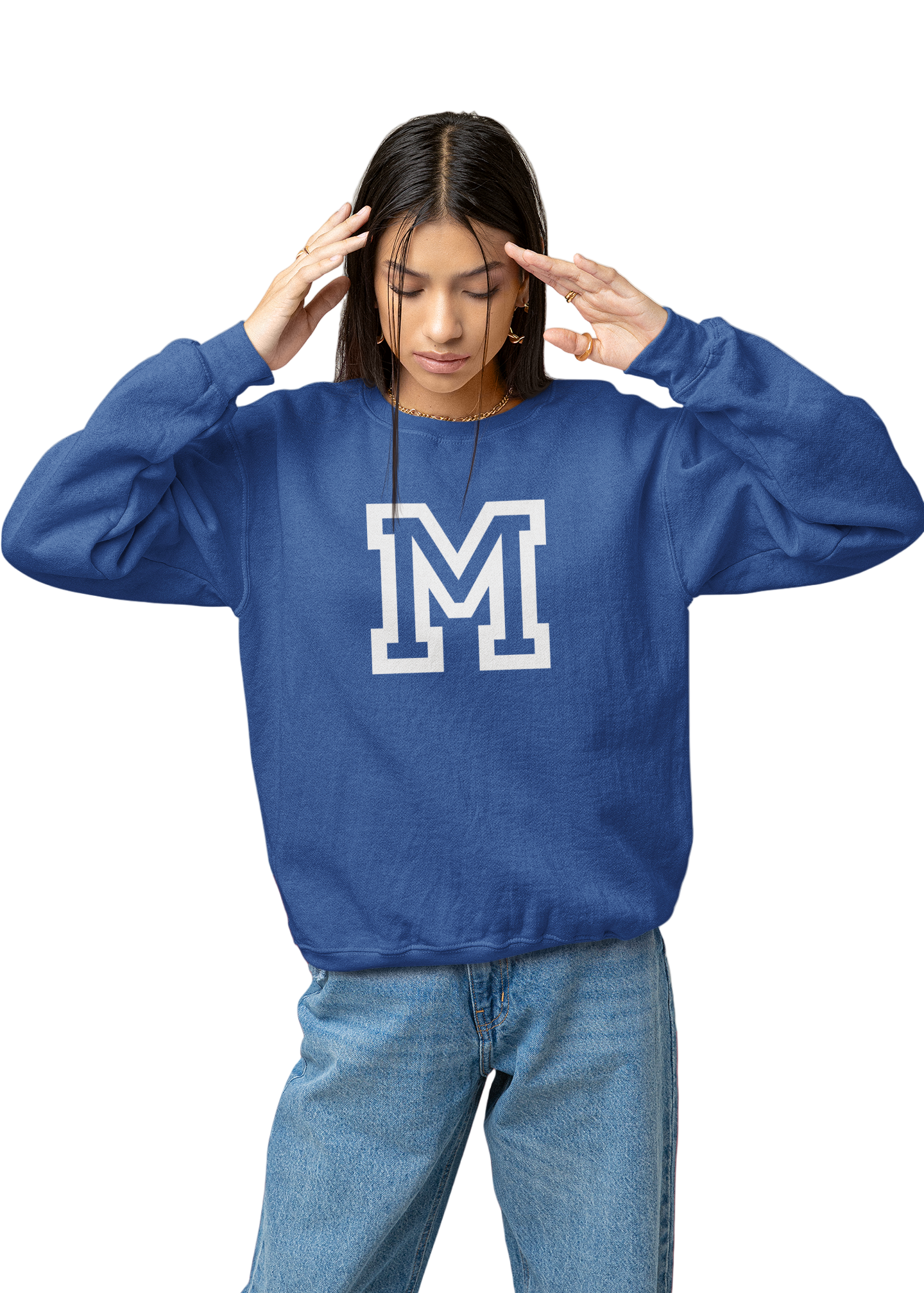 Person wearing a blue sweatshirt with a white 'M' logo on a neutral background