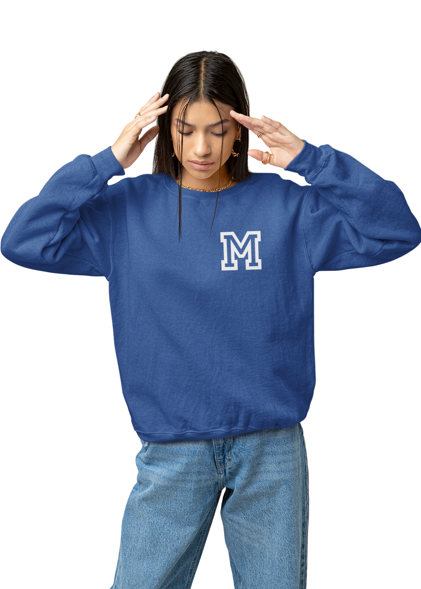 Person wearing a blue sweatshirt with a 'M' logo on a neutral background